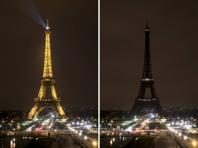 Cảnh tượng tháp Eiffel ở thành phố Paris của Pháp trước và trong sự kiện Giờ Trái đất 2016.