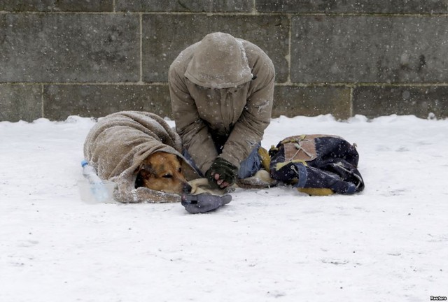 Người đàn ông cùng chú chó ngồi ăn xin trên cây cầu Charles dưới mưa tuyết ở thành phố Prague, CH Czech.