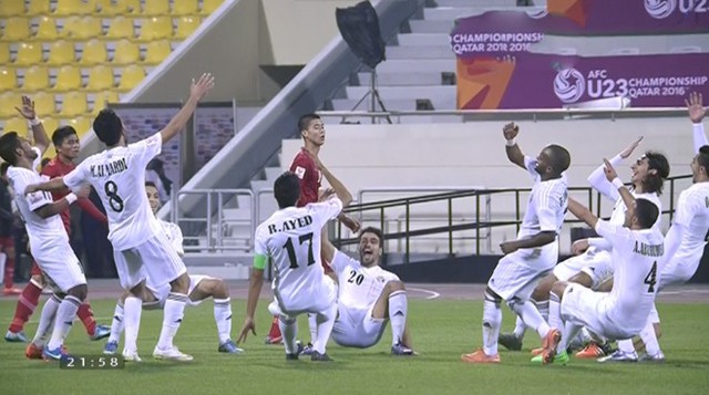 
U23 Jordan ăn mừng bàn thắng nâng tỷ số lên 3-0 ở phút 72.
