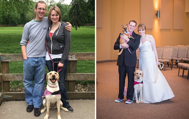 Chú chó Bella ‘hộ tống’ cặp đôi Valarie đến buổi đám cưới, một cặp đôi khác có chú chó tương tự cũng đến tham dự lễ cưới.