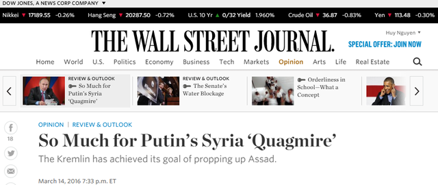 
The Wall Street Journal chạy tít mỉa mai: Quá đủ cho cái gọi là vũng lầy Syria dành cho Putin, đồng thời nhận định điện Kremlin đã đạt được mục đích chống lưng chính phủ Assad.
