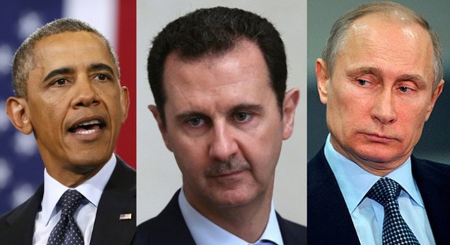 Tổng thống Mỹ Obama, Tổng thống Syria Assad (giữa) và Tổng thống Nga Putin.