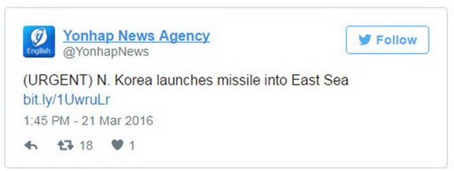 Thông tin vụ bắn tên lửa của Triều Tiên được Yonhap đưa lên mạng xã hội