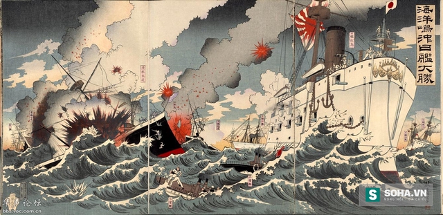 
Tranh vẽ của Nhật Bản về đại hải chiến Giáp Ngọ 1894. (Nguồn: voc.com.vn)
