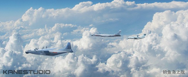 
Từ trái qua phải: máy bay cảnh báo sớm Y-8J, máy bay ném bom H-6K, máy bay cảnh báo sớm và chỉ huy trên không KJ-2000.
