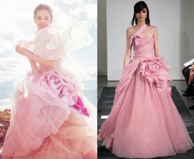 
Trong đó đặc biệt có bộ váy hồng cánh sen bồng bềnh và diêm dúa được Lưu Thi Thi diện, có giá 3 triệu NDT (hơn 10 tỉ đồng). Được biết, đây là mẫu váy nằm trong BST váy cưới Thu 2014 của thương hiệu thời trang nổi tiếng Vera Wang.
