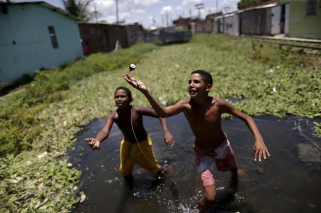 Các cậu bé chơi dưới nước tại một khu ổ chuột ở Recife, Brazil.