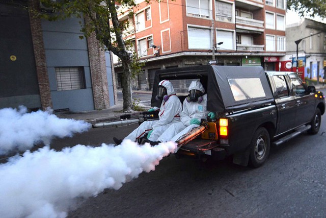 
Nhân viên y tế phun thuốc diệt muỗi để ngăn chặn dịch virus Zika lây lan tại thành phố Montevideo, Uruguay.
