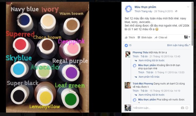 
Các loại phẩm màu được rao bán trên trang mạng xã hội
