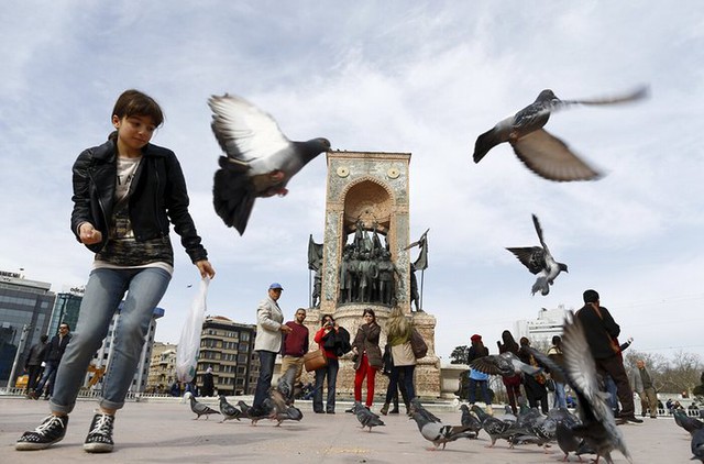 
Du khách cho chim bồ câu ăn trên quảng trường Taksim ở Istanbul, Thổ Nhĩ Kỳ.
