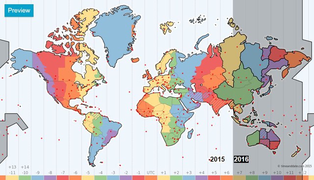 
Bản đồ trực tuyến thể hiện những khu vực đã bước sang năm 2016. Nguồn: timeanddate.com

