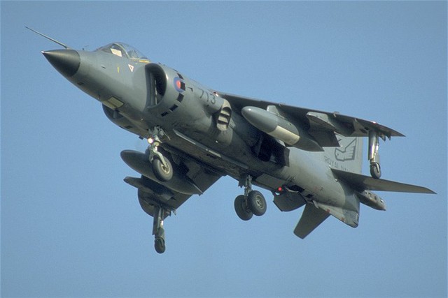 
Sea Harrier FRS1 có thể phân biệt với Harrier G.R.1 ở chiếc mũi to và dài hơn để chứa radar Blue Fox
