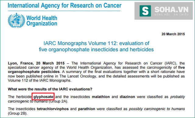 Báo cáo của IARC về khả năng gây ung thư của glyphosate ở cấp độ 2A. Báo cáo này được đưa ra từ ngày 20/3/2015, tức là cách đây gần 1 năm.