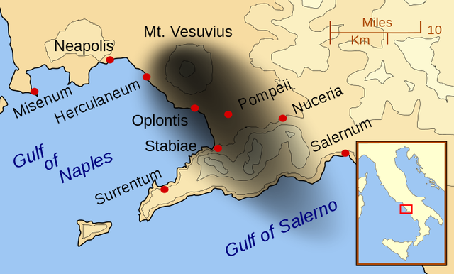
Pompeii và các thành phố khác bị ảnh hưởng bởi vụ phun trào Núi Vesuvius. Đám mây đen thể hiện sự phân bố chung của tro và xỉ. Các đường bờ biển hiện đại được thể hiện.

