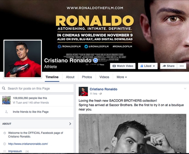 Ronaldo cực hot trên Facebook.