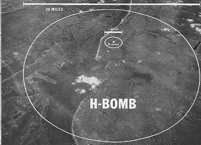 
So sánh bán kính hủy diệt giữa bom A và bom H.

