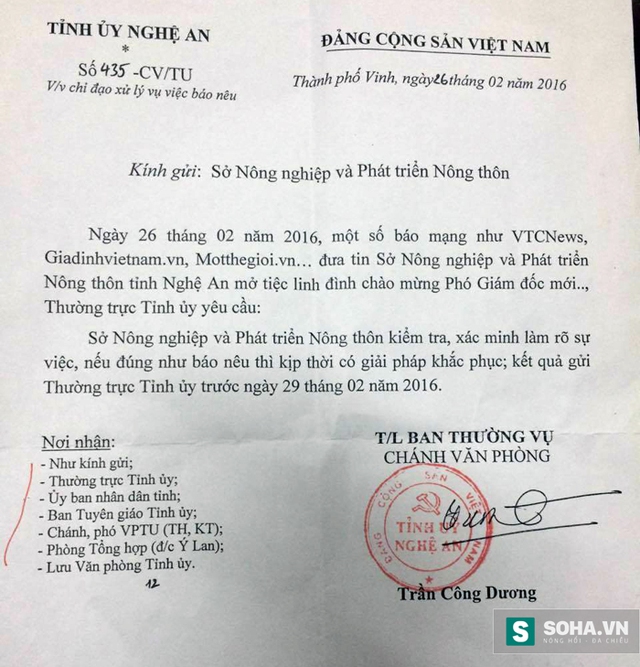 Công văn chỉ đạo của Tỉnh uỷ Nghệ An yêu cầu Sở Nông nghiệp báo cáo vụ việc bữa tiệc mừng PGĐ Sở.