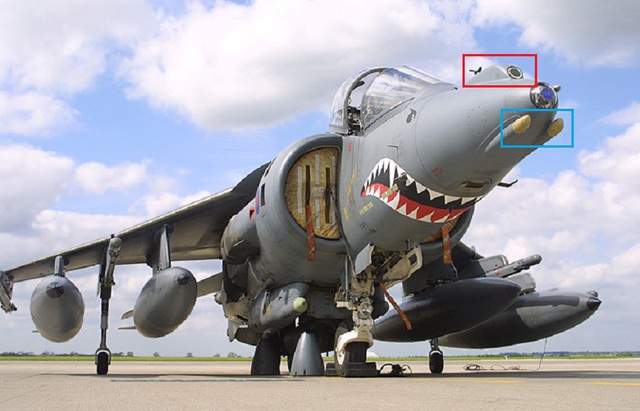
Cận cảnh phần mũi của Harrier G.R.7, hệ thống quang điện tử hồng ngoại MAC-Marconi FLIR được lắp phía trên hệ thống LRMTS, ngay trước buồng lái phi công (khoanh đỏ), trang bị 2 ăng ten cảnh báo (khoanh xanh)
