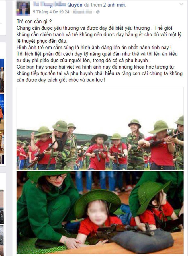 
Nickname “TTD.Quyên” bức xúc trước hình ảnh dạy học sinh tiểu học sử dụng súng. (Ảnh chụp từ FB)
