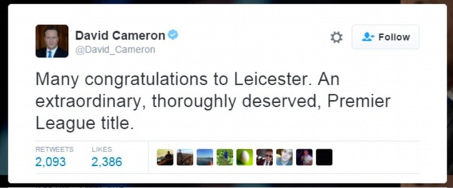 Lời chúc của Thủ tướng Anh đến Leicester.