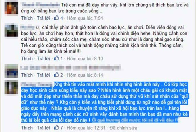 
Nhiều người dùng facebook phản đối việc cho trẻ nhỏ tiếp xúc với súng.
