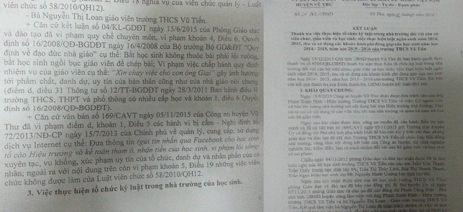 
Nội dung kết luận của UBND huyện Vũ Thư (Thái Bình) liên quan đến cô giáo Nguyễn Thị Loan .
