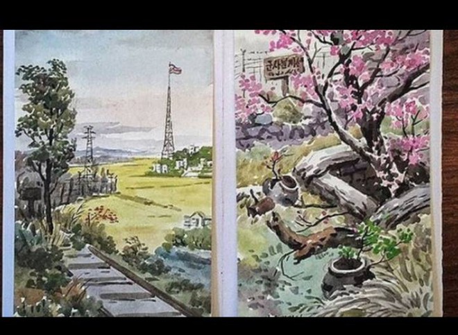 
Tập tranh vẽ màu nước phong cảnh khu phi quân sự, bán đảo Triều Tiên được phân chia thành hai miền Nam Bắc.
