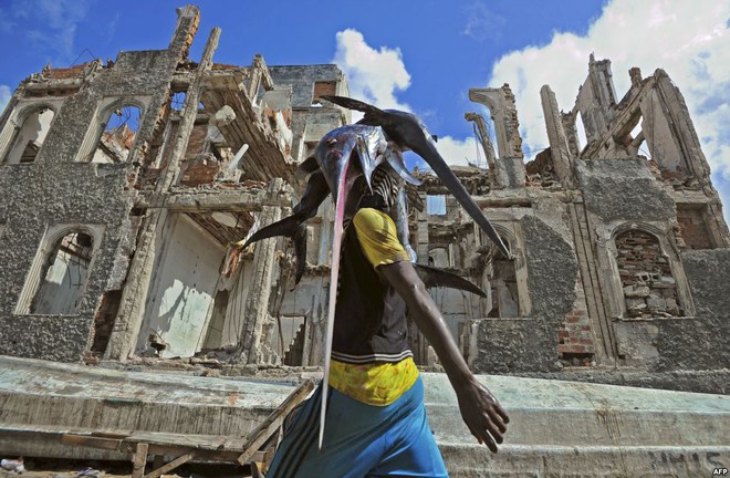 Ngư dân đội cá buồm trên đầu để mang tới chợ gần cảng Mogadishu, Somalia.