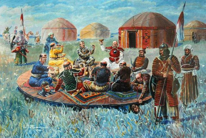 
Quân Mông Cổ ăn mừng chiến thắng. Ảnh Internet.
