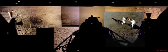 
Bob Farwell làm việc cho tạp chí “Apollo đổ bộ lên Mặt Trăng” đưa ra thêm hình ảnh Neil Armstrong và Buzz Aldrin dựng cờ. Camera trên tàu đổ bộ chụp ảnh toàn cảnh như thế này.
