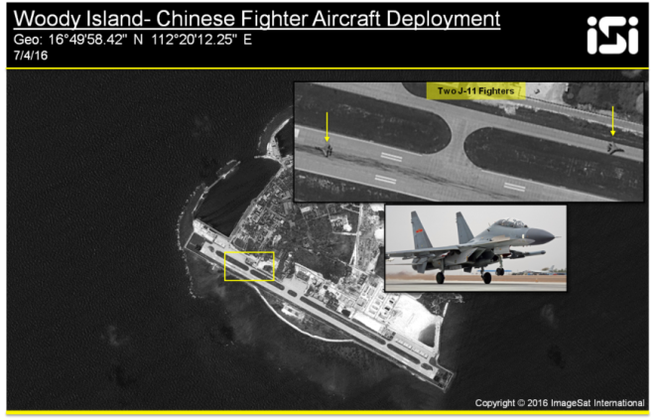 
Ảnh vệ tinh của ISI cho thấy Bắc Kinh đã điều 2 chiếc máy bay J-11 lên đảo Phú Lâm (chủ quyền Việt Nam, Trung Quốc chiếm đóng trái phép).
