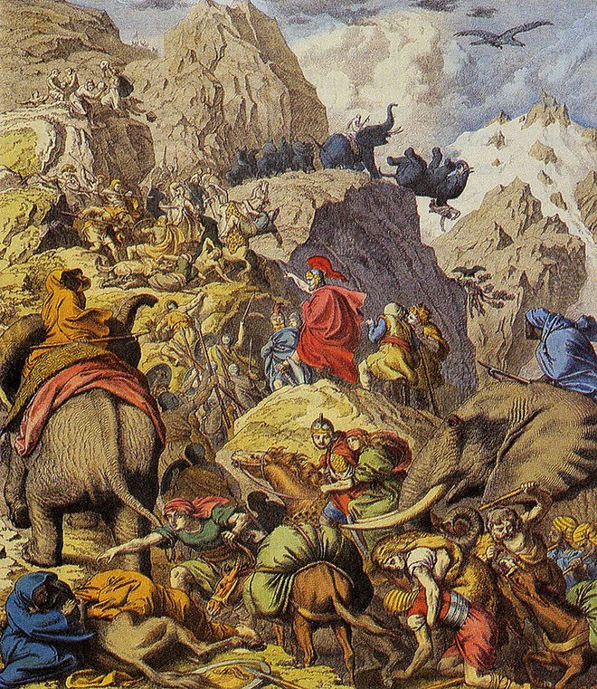 
Hannibal cùng ngựa chiến và voi chiến vượt qua dãy Alps.
