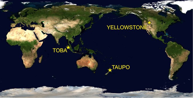 
Vị trí của 3 trong 4 siêu núi lửa trên Trái Đất: Ảnh: Techtimes.
