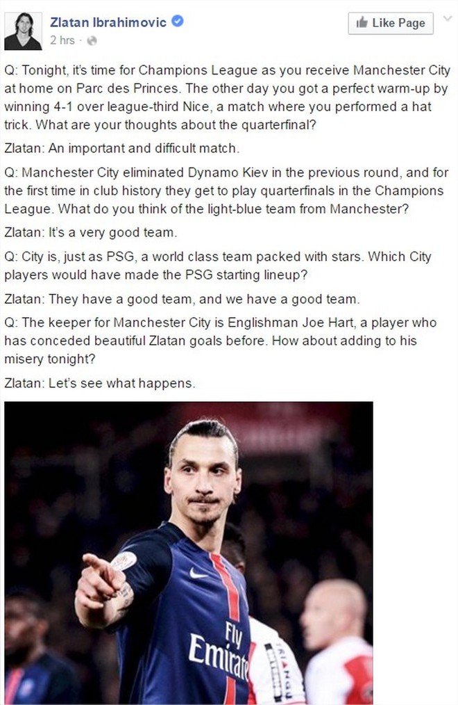 Bài tự phỏng vấn của Zlatan Ibrahimovic trước trận lượt đi tứ kết Champions League.