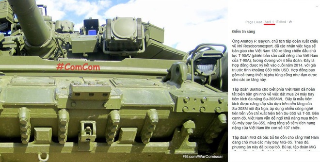 
Thông tin Việt Nam mua 130 xe tăng T-90 với giá 650 triệu USD xuất hiện trên trang Facebook nổi tiếng của Việt Nam
