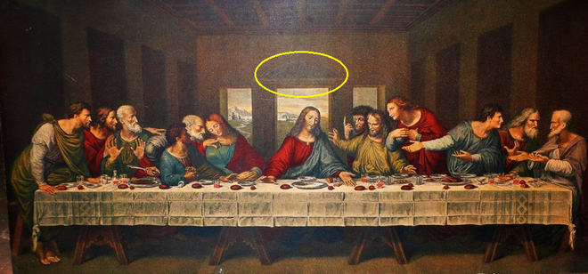 
Vị trí cửa sổ hình bán nguyệt trong The Last Supper (hình tròn vàng) ẩn chứa mật mã Ngày tận thế.
