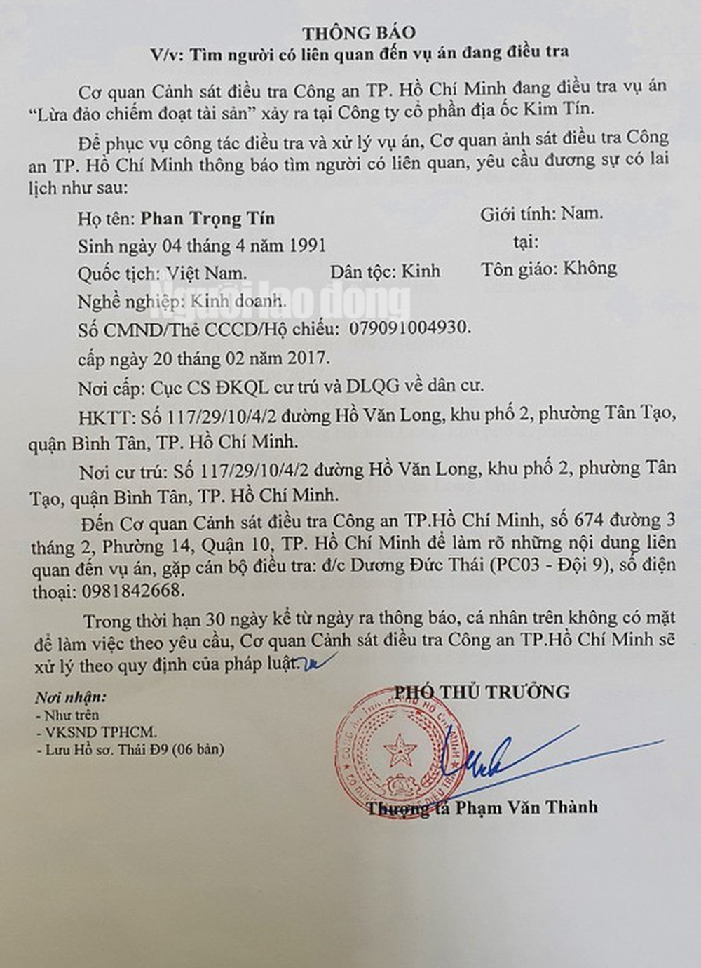 Công an TP HCM xác định ông Phan Trọng Tín cung cấp thông tin sai sự thật - Ảnh 1.