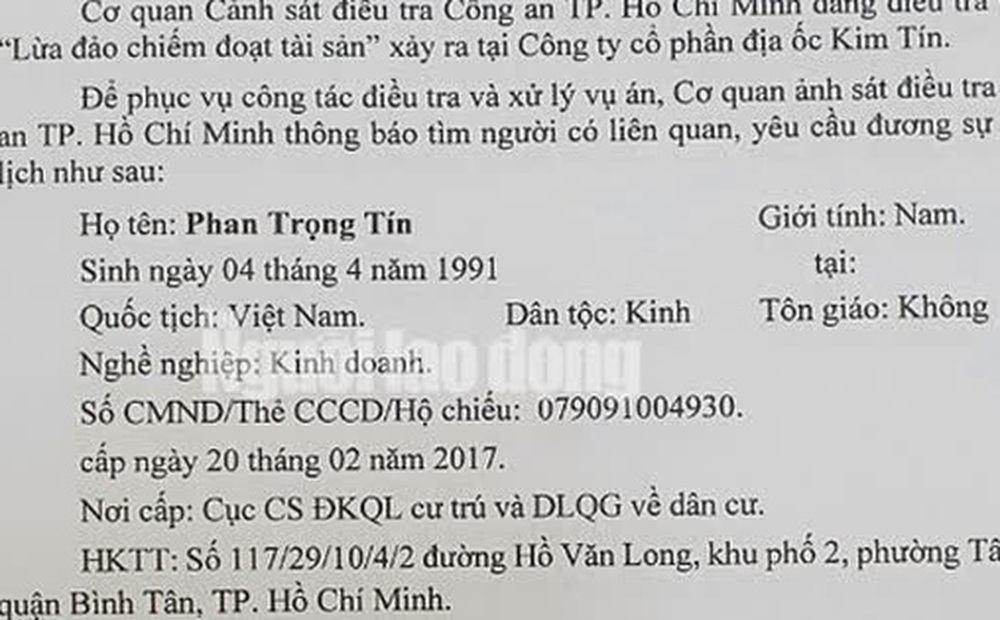 Công an TP HCM xác định ông Phan Trọng Tín cung cấp thông tin sai sự thật