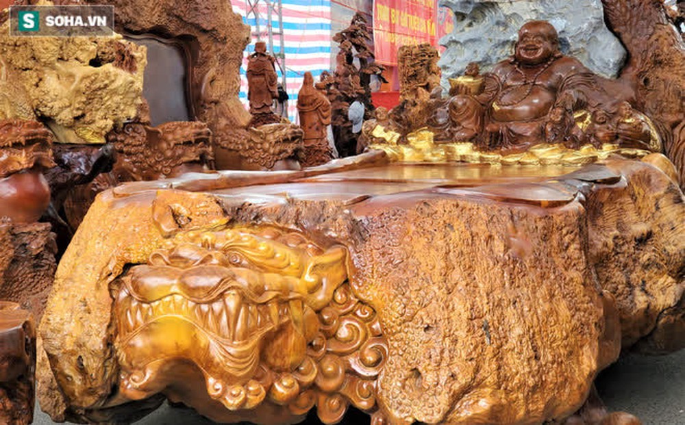 Ngắm bộ bàn ghế gỗ nu "Cửu lân quần tụ" nặng 4 tấn, dát vàng, giá 2,8 tỷ cho đại gia Việt