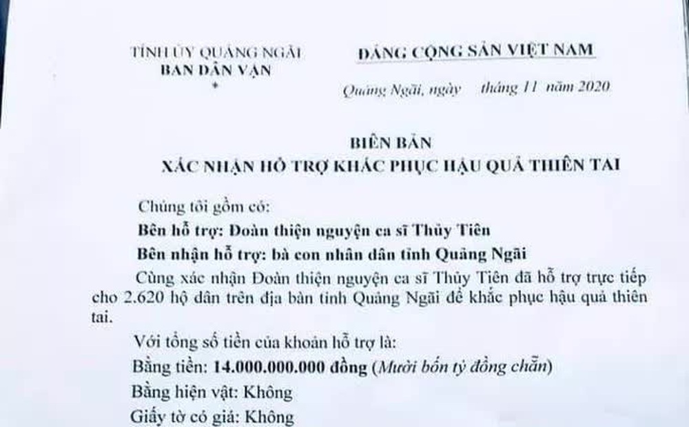 Tỉnh Quảng Ngãi lên tiếng về 14 tỉ đồng ca sĩ Thủy Tiên tặng người dân