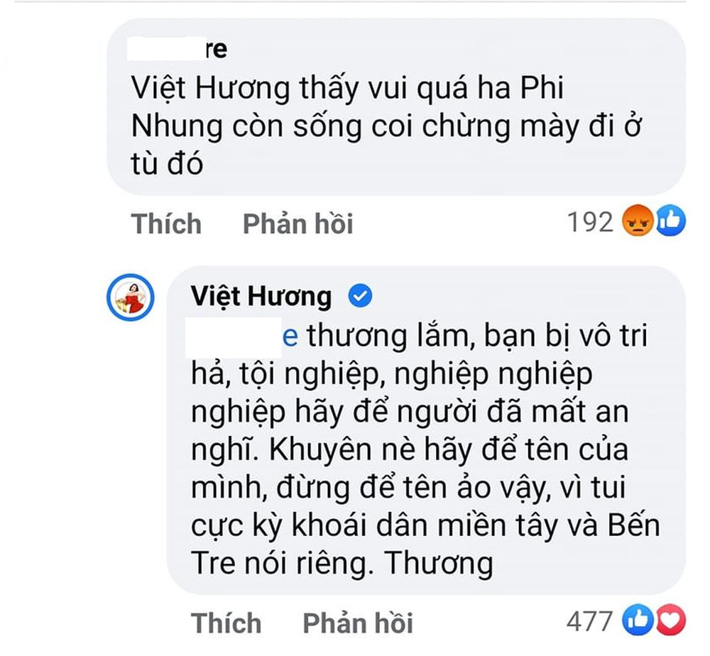 Việt Hương đáp trả khi bị antifan nói Phi Nhung còn sống coi chừng mày đi ở tù - Ảnh 2.
