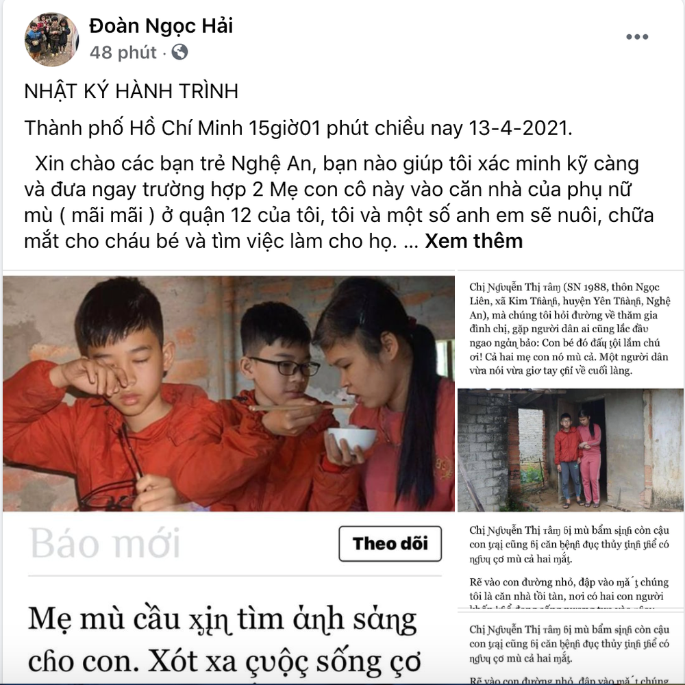 Ông Đoàn Ngọc Hải làm từ thiện ở Nghệ An: Chu cấp tiền hàng tháng cho 2 mẹ con mù, u não  - Ảnh 1.