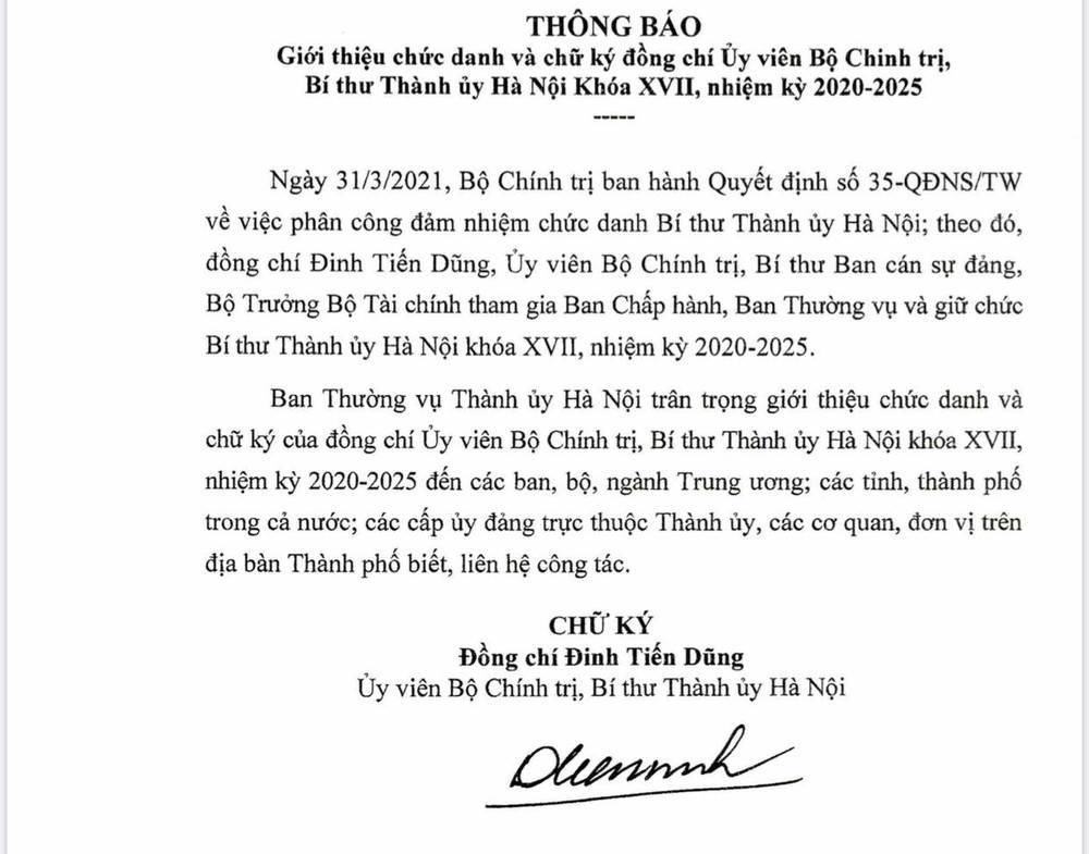 Giới thiệu chữ ký Bí thư Thành ủy Hà Nội Đinh Tiến Dũng - Ảnh 1.