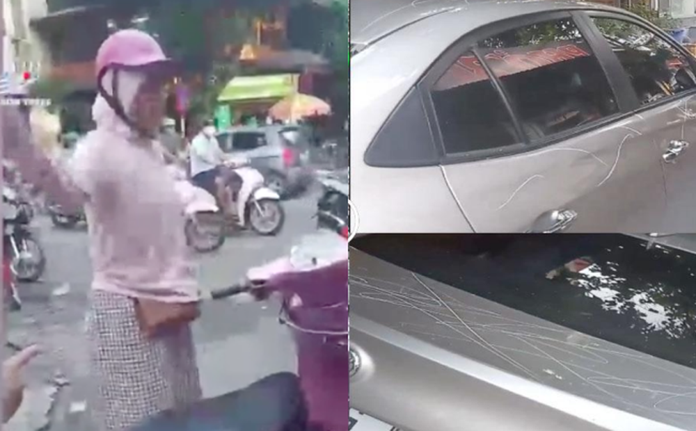 “Nữ ninja” cầm vật nhọn cào xước thân ô tô sau va chạm giao thông trên phố Hà Nội