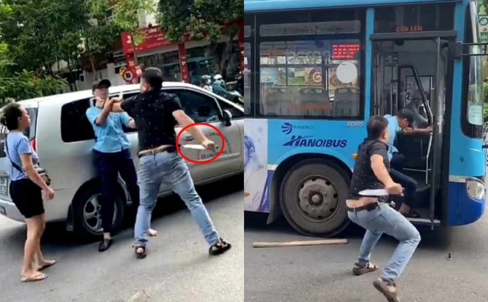 Người đàn ông cầm dao uy hiếp phụ xe buýt giữa phố Hà Nội sau va chạm giao thông