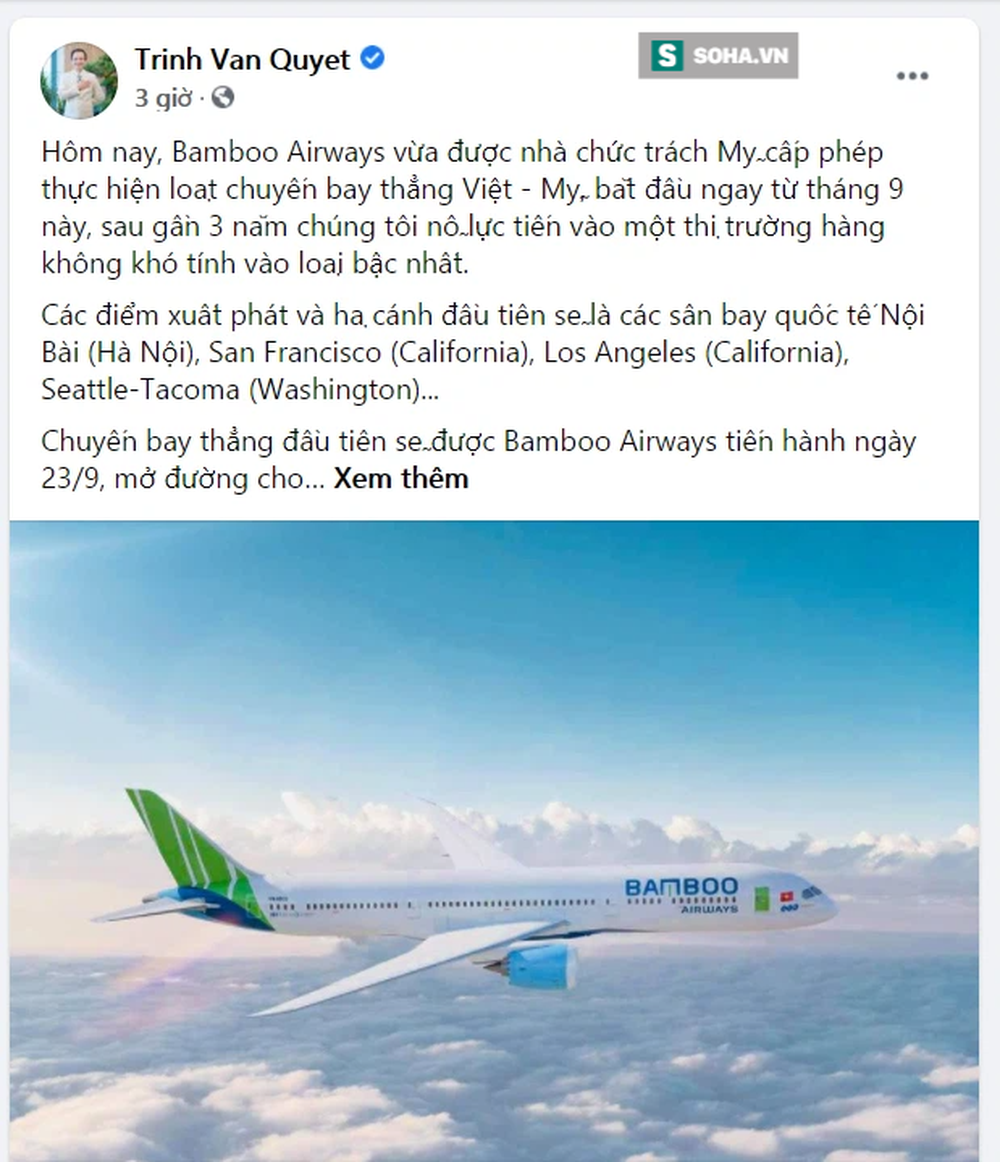 Ông Trịnh Văn Quyết chứng minh không chém gió: Bamboo Airways bay thẳng Việt - Mỹ từ tháng 9 - Ảnh 1.