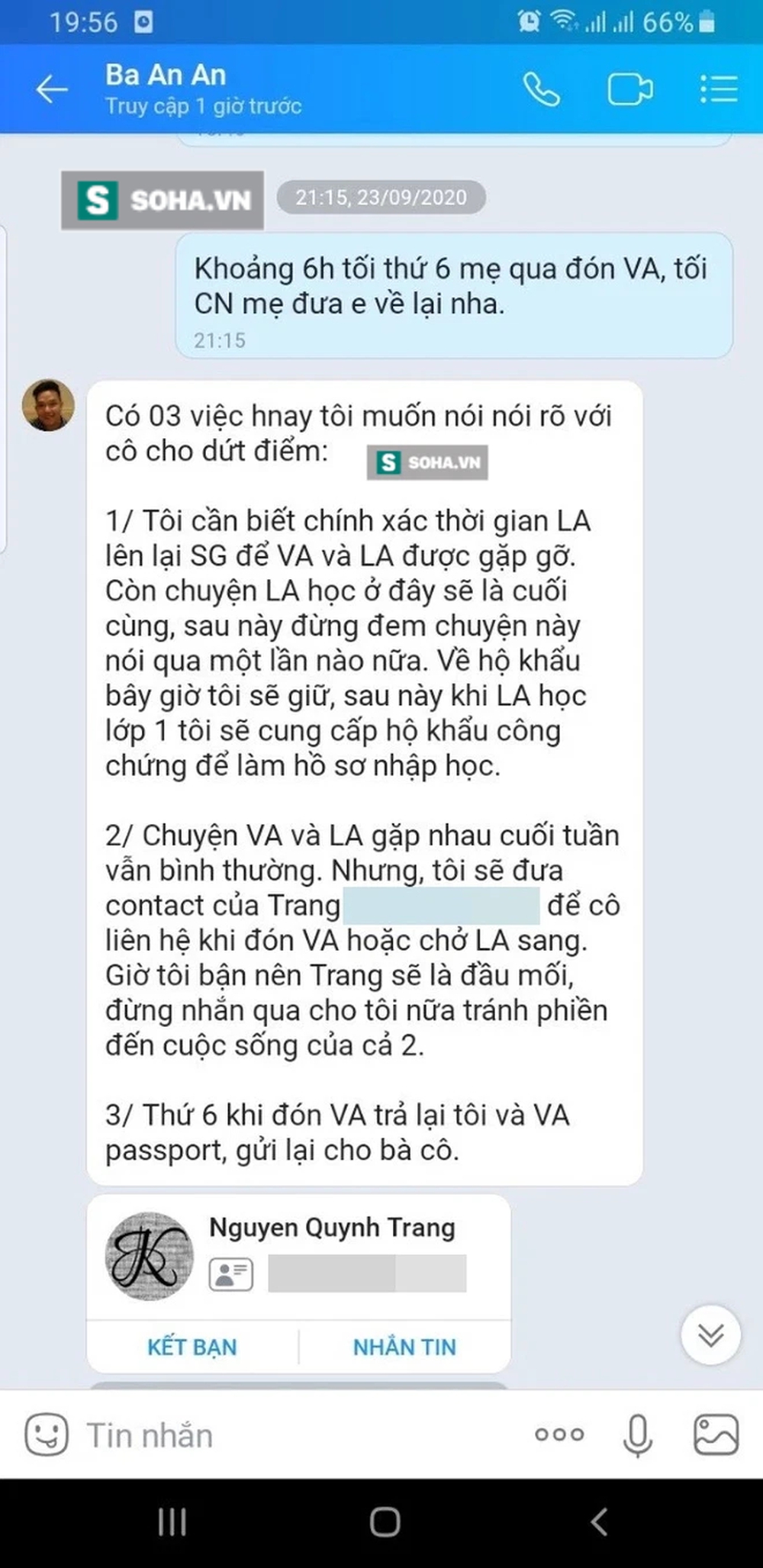 Tin nhắn dứt tình của bố V.A khi mẹ bé xin gặp: Trang sẽ là đầu mối, đừng phiền đến tôi - Ảnh 1.