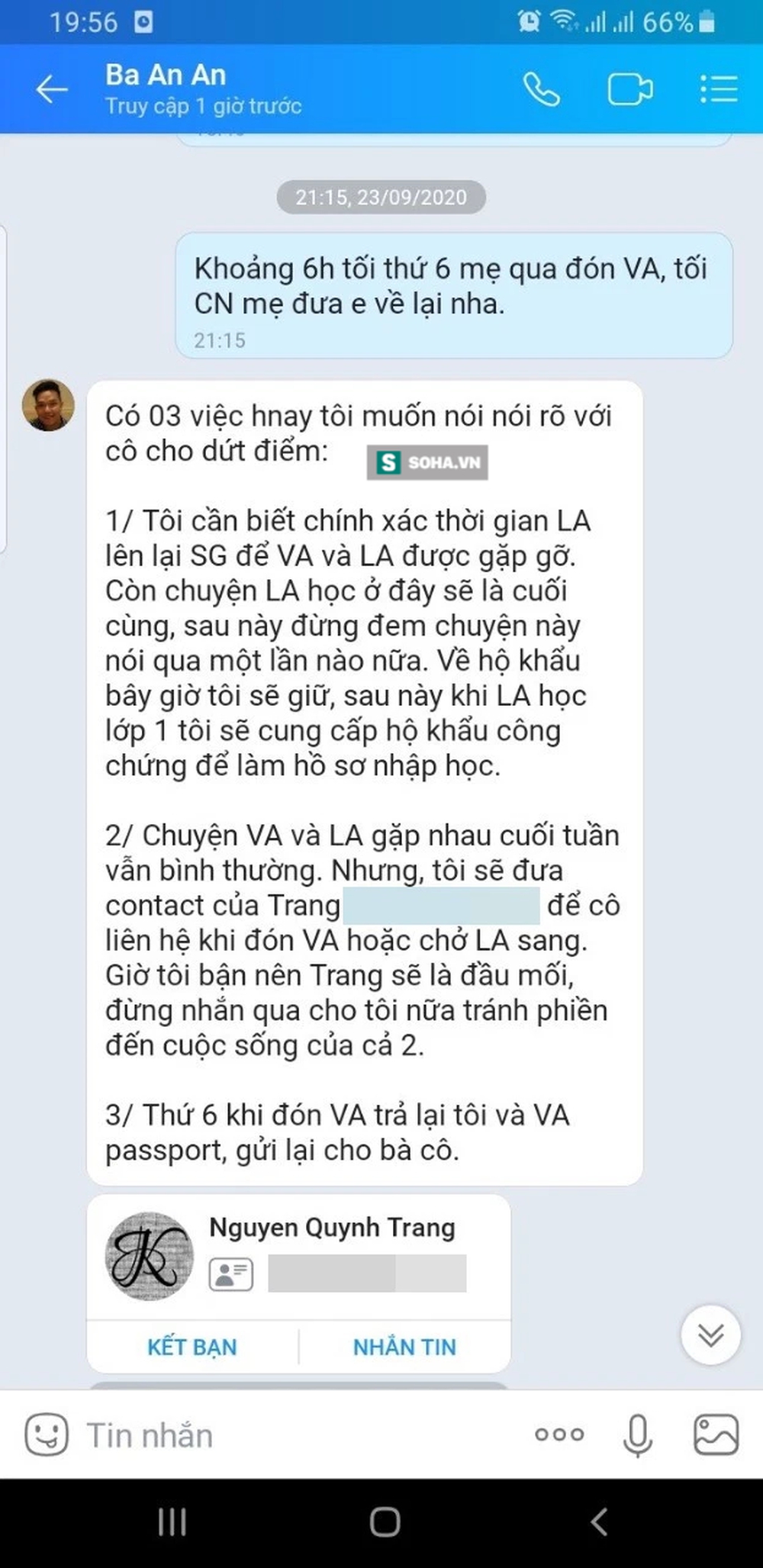 Tin nhắn dứt tình của bố V.A khi mẹ bé xin gặp: Trang sẽ là đầu mối, đừng phiền đến tôi - Ảnh 1.