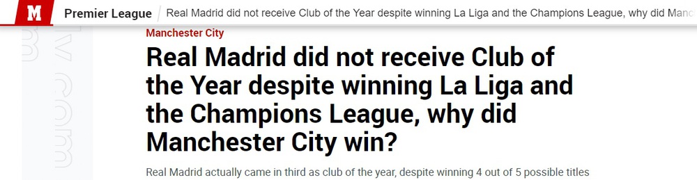 Tranh cãi việc Man City giành giải CLB của năm