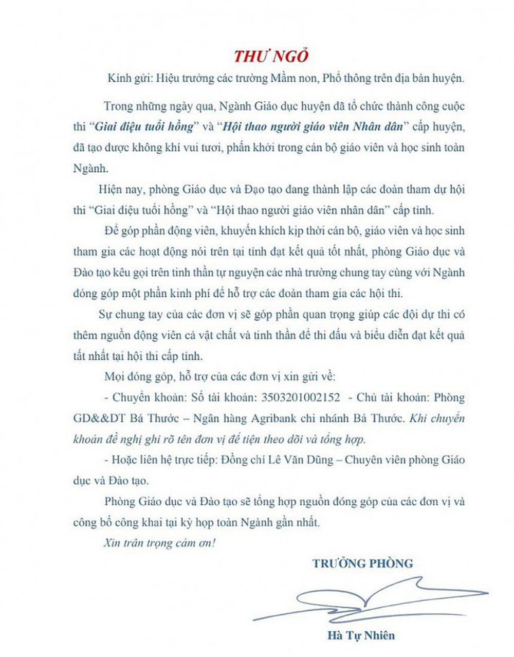 Trần tình của trưởng phòng giáo dục ra thư ngỏ “xin tiền” các trường